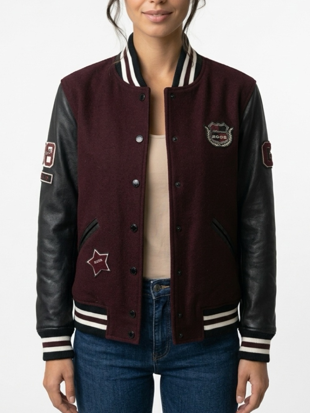 BCBGENERATION • 2008 Varsity Letterman Jacket Burgundy Faux Leather XS